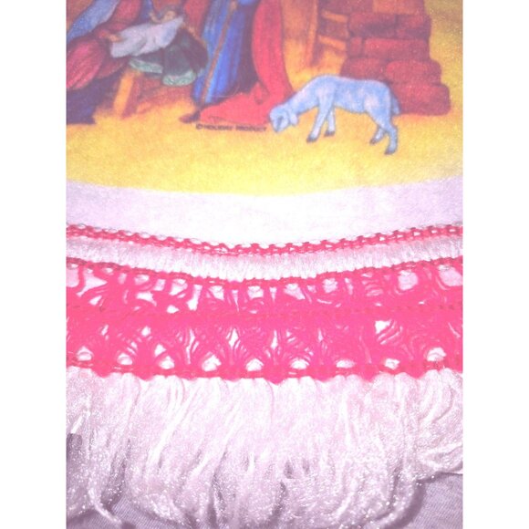 Vintage  Mcm Round Nativity Scene Blanket Tree Skirt Fringe Red Border - Picture 8 of 9